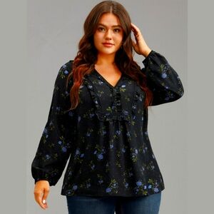 BloomChic Black & Blue Ditsy Floral Blouse SIZE 14/16 brand new LONG SLEEVES